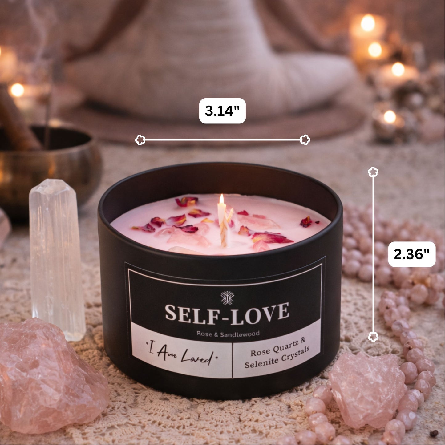 Self-Love Crystal Candle - Rose & Sandalwood Scented